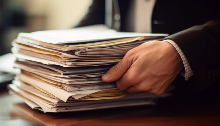 Overworked businessman buried in paperwork on desk heap generated by artificial intelligence